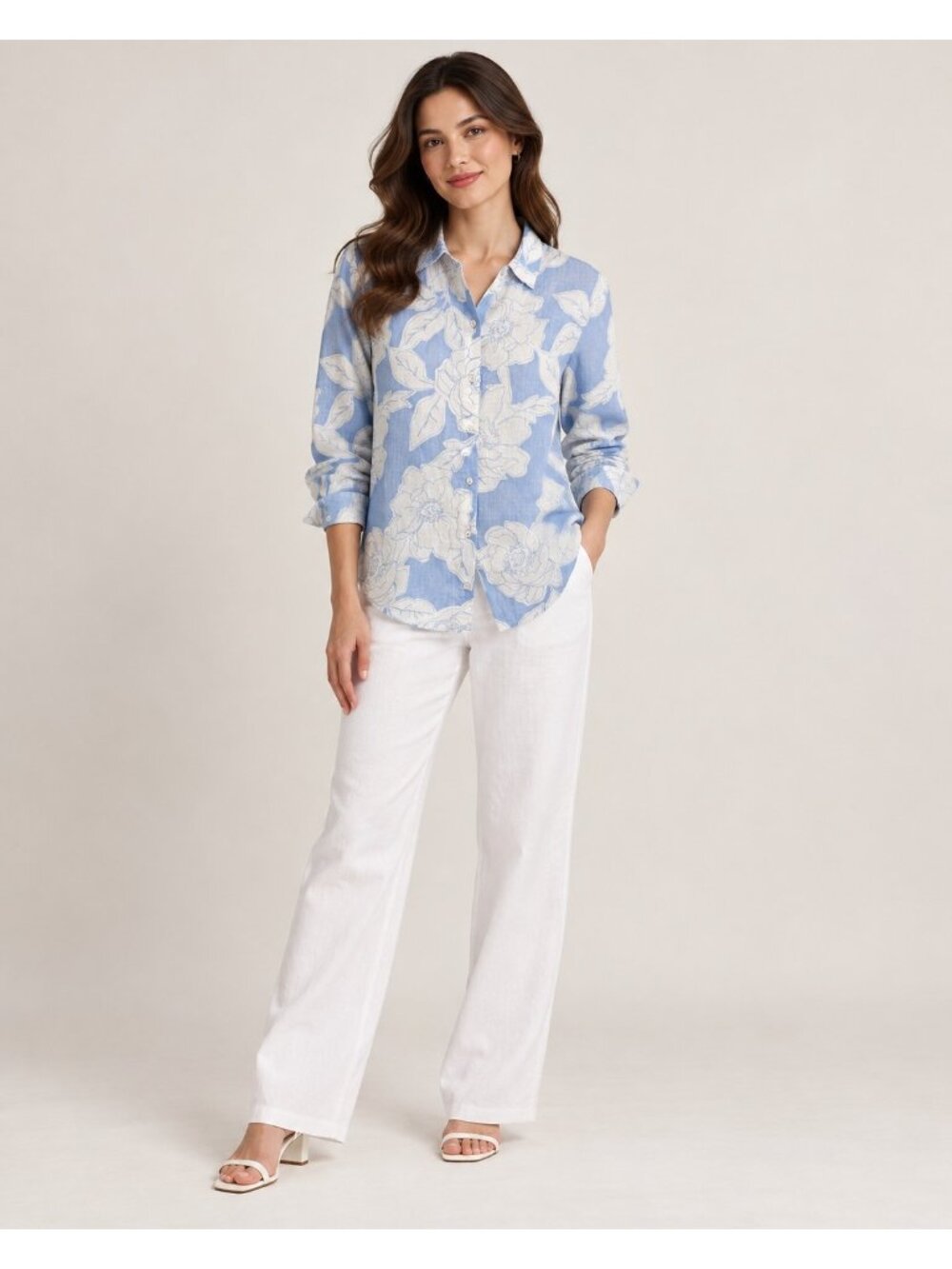 J.Jill Women’s Love Linen Floral Button-Front Shirt Blue White XL